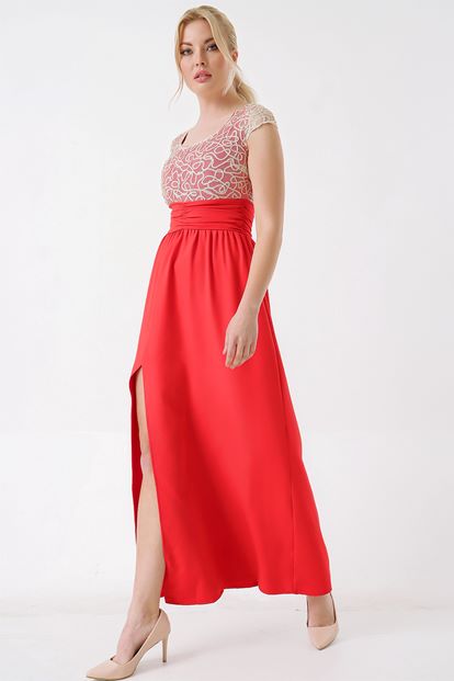 Detailed Tulle Evening Dress Red Dore