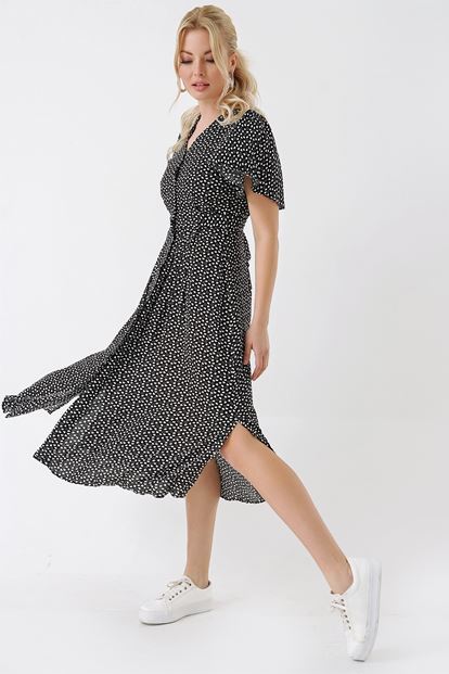 Siyah Kalp Desenli Gömlek Elbise