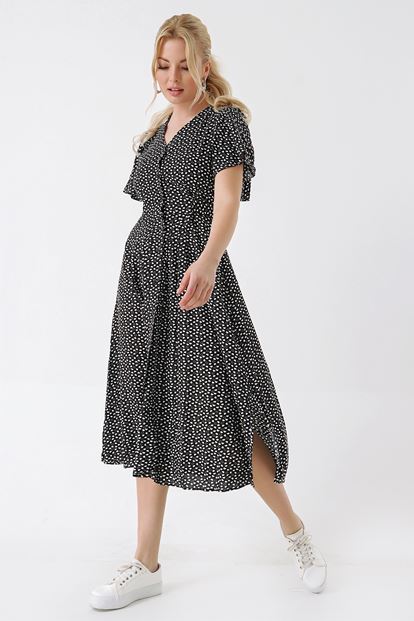 Siyah Kalp Desenli Gömlek Elbise