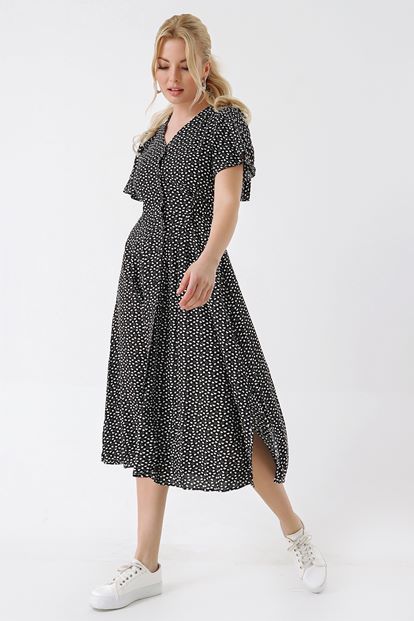 Siyah Kalp Desenli Gömlek Elbise