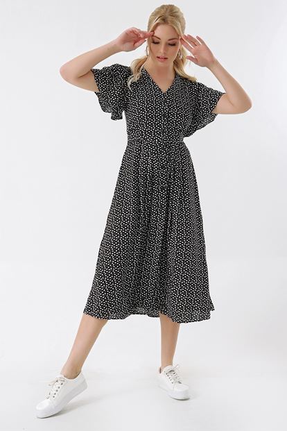 Siyah Kalp Desenli Gömlek Elbise