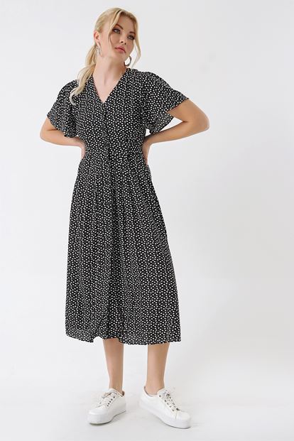 Siyah Kalp Desenli Gömlek Elbise