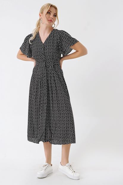 Siyah Kalp Desenli Gömlek Elbise