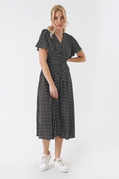 Siyah Kalp Desenli Gömlek Elbise