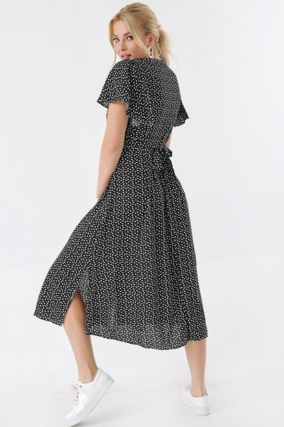 Siyah Kalp Desenli Gömlek Elbise