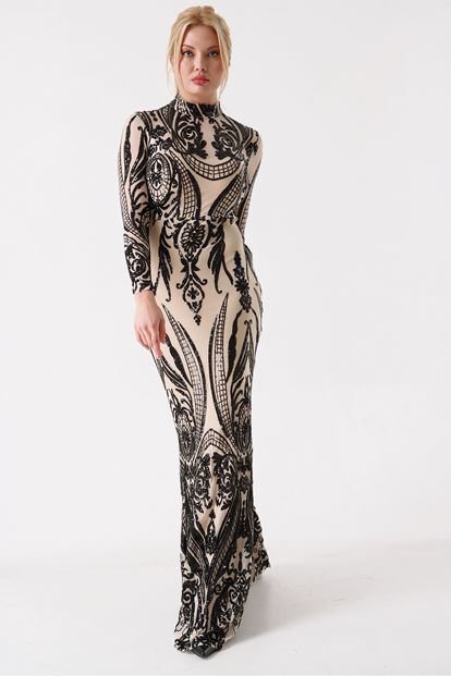 FM Krem Bogazli Pul Payet Islemeli Abiye Elbise