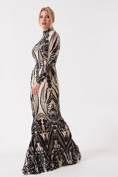 FM Krem Bogazli Pul Payet Islemeli Abiye Elbise