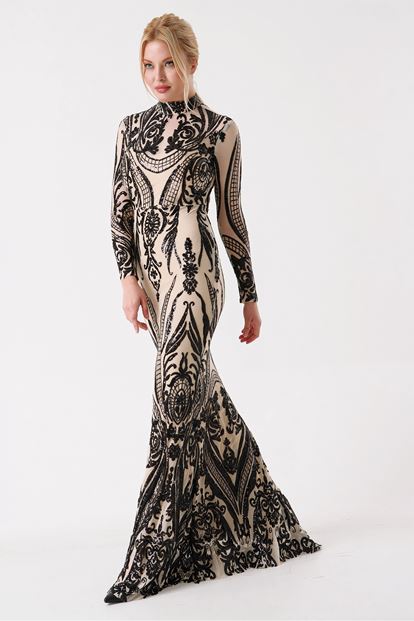 FM Krem Bogazli Pul Payet Islemeli Abiye Elbise