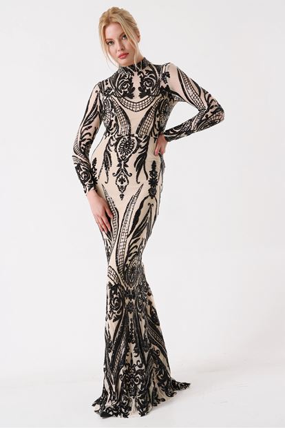 FM Krem Bogazli Pul Payet Islemeli Abiye Elbise