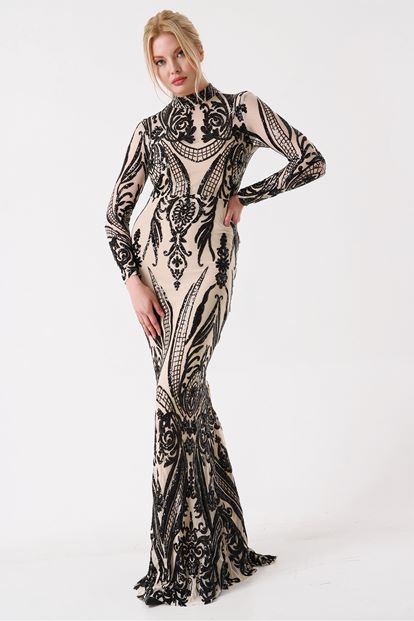 FM Krem Bogazli Pul Payet Islemeli Abiye Elbise