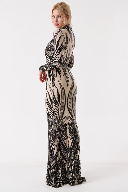 FM Krem Bogazli Pul Payet Islemeli Abiye Elbise