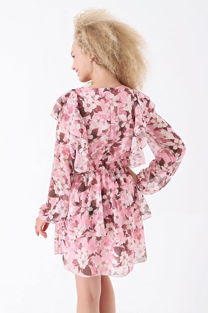 Pembe Çiçek Desenli Şifon Elbise