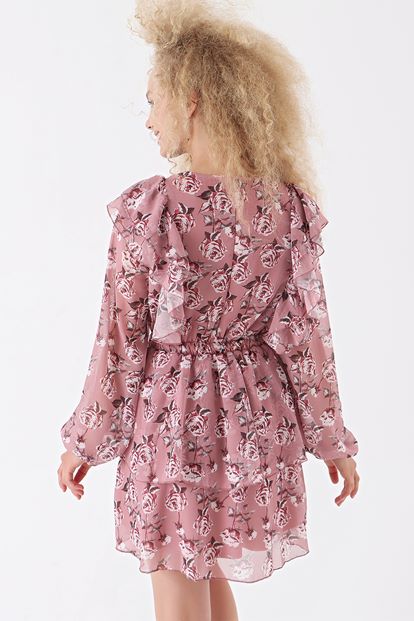 Pudra Çiçek Desenli Şifon Elbise