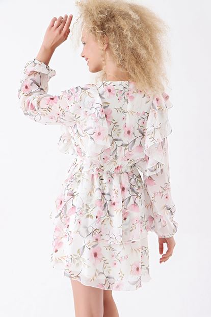 Krem Çiçek Desenli Şifon Elbise