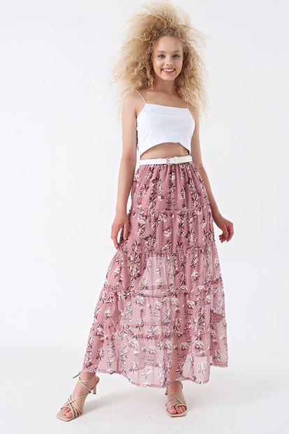 Pudra Çiçek Desenli Şifon Yırtmaçlı Etek