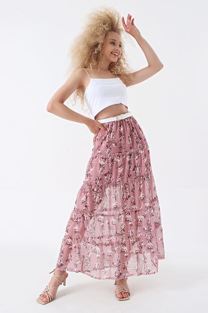 Pudra Çiçek Desenli Şifon Yırtmaçlı Etek