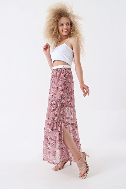 Pudra Çiçek Desenli Şifon Yırtmaçlı Etek