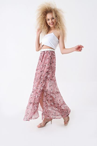 Pudra Çiçek Desenli Şifon Yırtmaçlı Etek