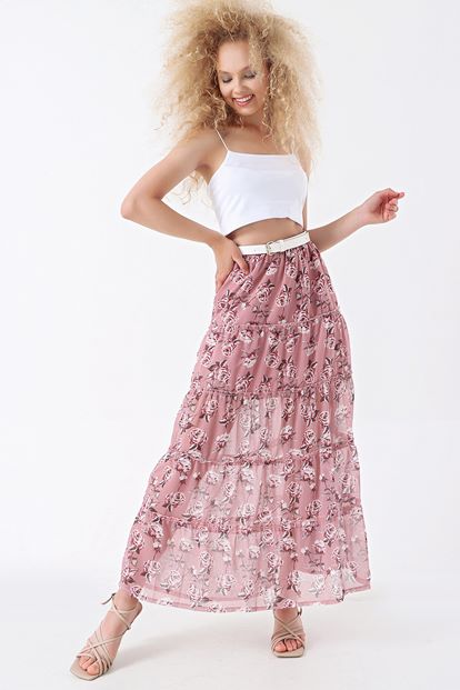 Pudra Çiçek Desenli Şifon Yırtmaçlı Etek