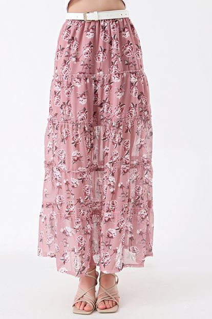 Pudra Çiçek Desenli Şifon Yırtmaçlı Etek