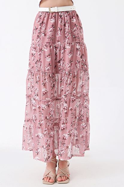 Pudra Çiçek Desenli Şifon Yırtmaçlı Etek