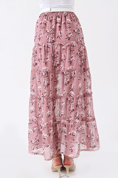 Pudra Çiçek Desenli Şifon Yırtmaçlı Etek
