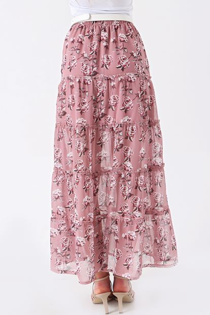 Pudra Çiçek Desenli Şifon Yırtmaçlı Etek