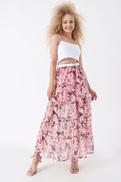 Pink floral patterned chiffon tearing skirt