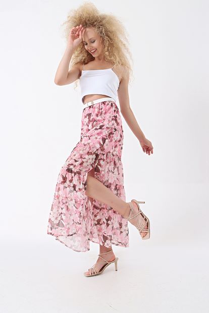 Pink floral patterned chiffon tearing skirt