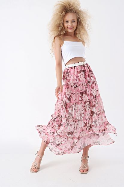 Pink floral patterned chiffon tearing skirt