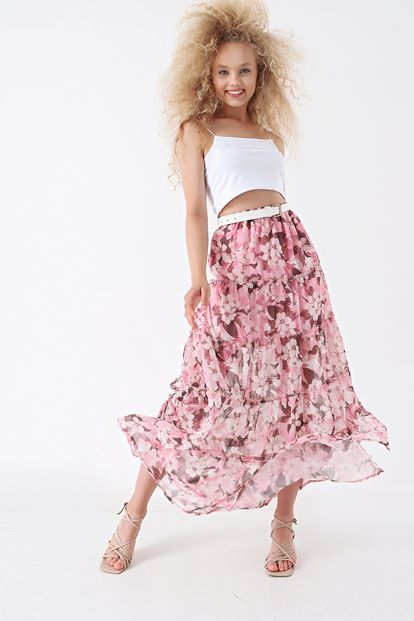 Pink floral patterned chiffon tearing skirt