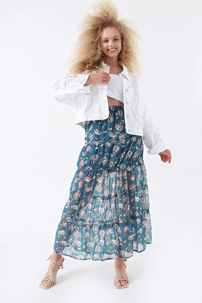 Green floral patterned chiffon tearing skirt