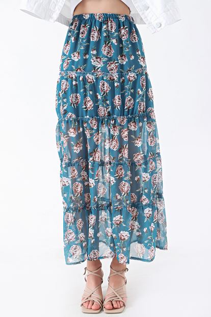 Green floral patterned chiffon tearing skirt