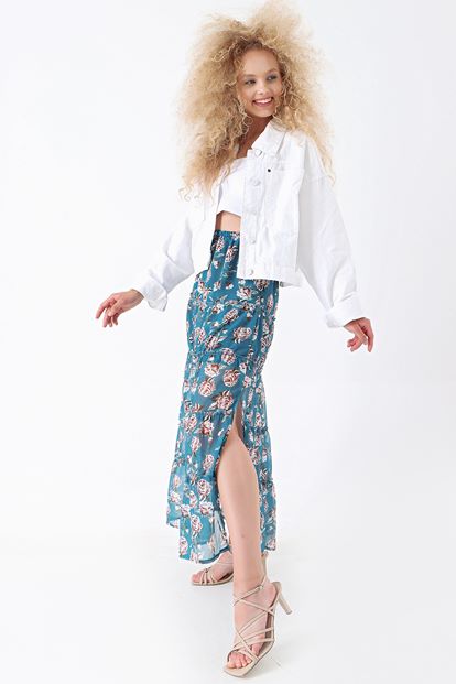 Green floral patterned chiffon tearing skirt