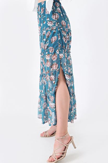 Green floral patterned chiffon tearing skirt
