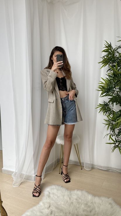 Bej Keten Blazer Ceket