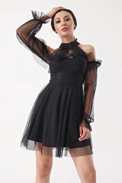 Siyah Tül Detay Mini Boy Elbise