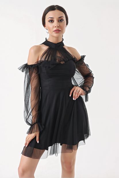 Siyah Tül Detay Mini Boy Elbise