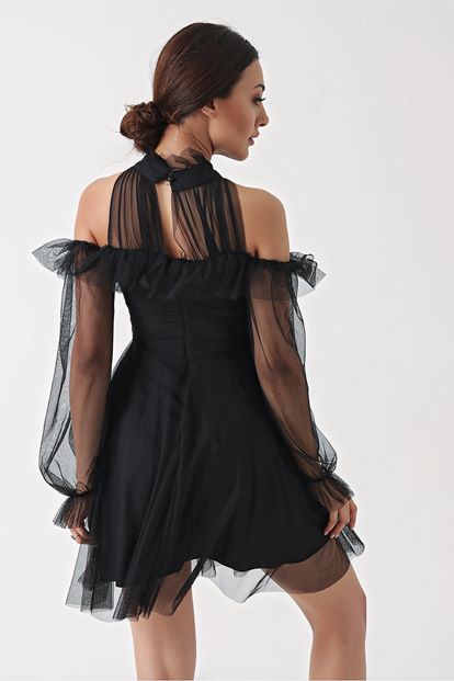 Siyah Tül Detay Mini Boy Elbise