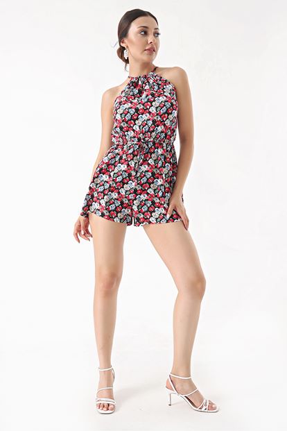 Siyah Kırmızı Çiçekli Şort Tulum