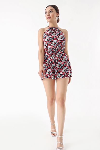 Siyah Kırmızı Çiçekli Şort Tulum