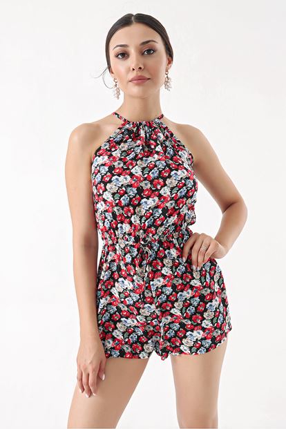 Siyah Kırmızı Çiçekli Şort Tulum
