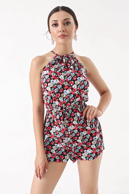 Siyah Kırmızı Çiçekli Şort Tulum