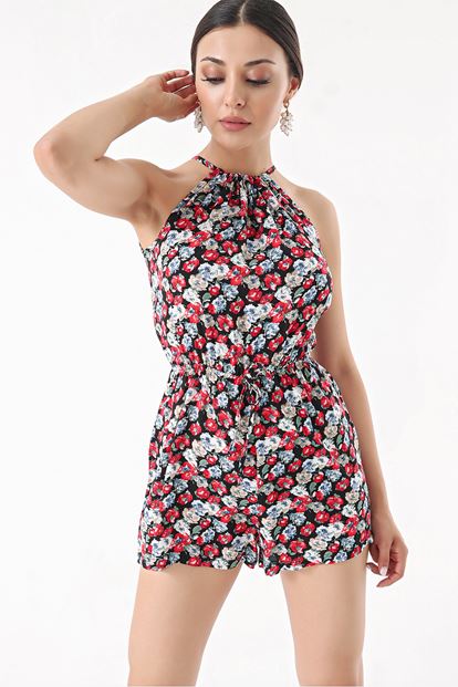 Siyah Kırmızı Çiçekli Şort Tulum
