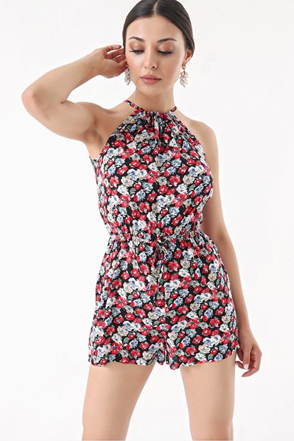 Siyah Kırmızı Çiçekli Şort Tulum