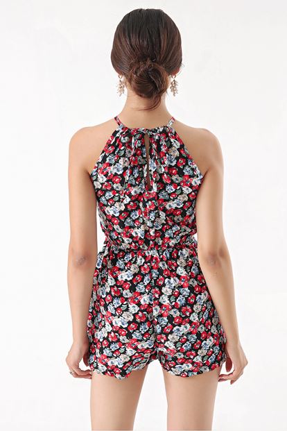 Siyah Kırmızı Çiçekli Şort Tulum