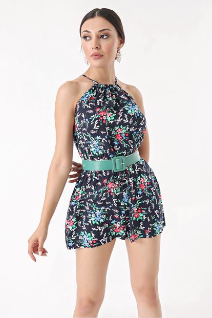 Lacivert Yeşil Çiçekli Şort Tulum ( Kemer Aksesuardır )