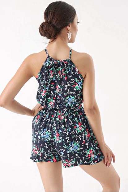 Lacivert Yeşil Çiçekli Şort Tulum ( Kemer Aksesuardır )