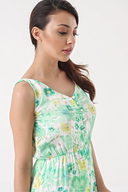 Yeşil Düğmeli Çiçekli Elbise