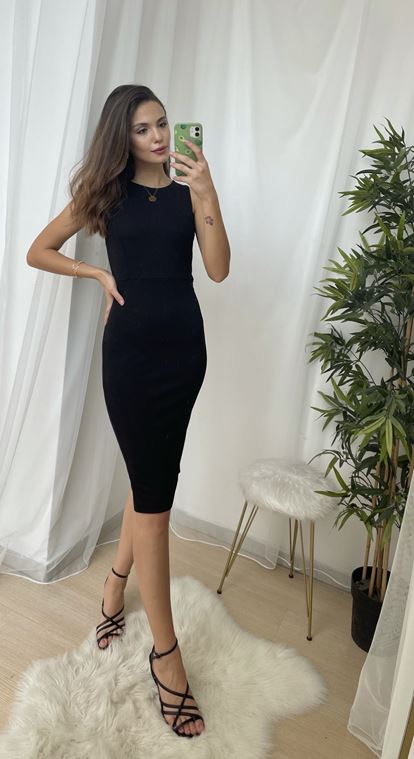 Siyah Viskon Kumaş Kalem Elbise